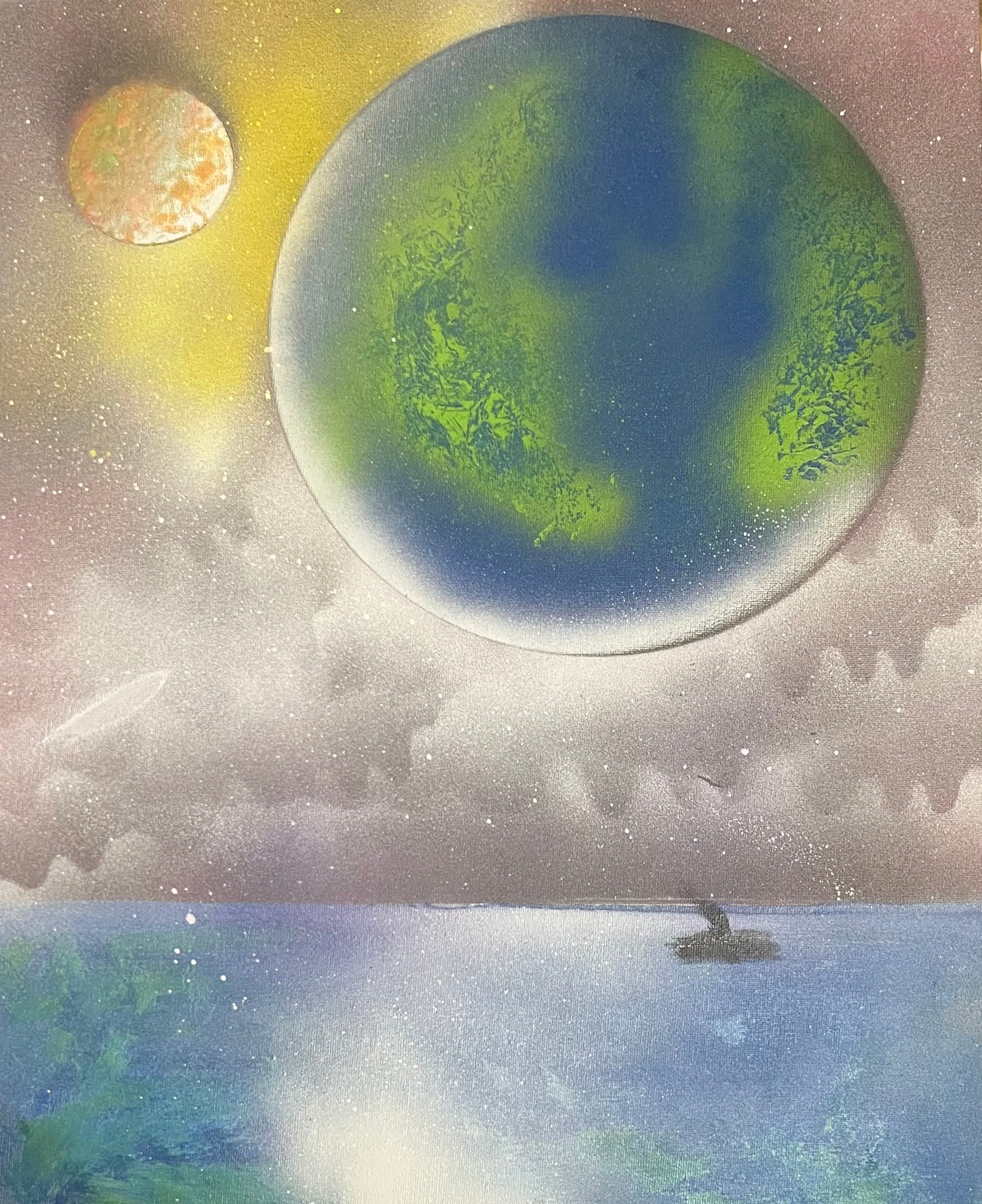 painting of planets in sky over lake