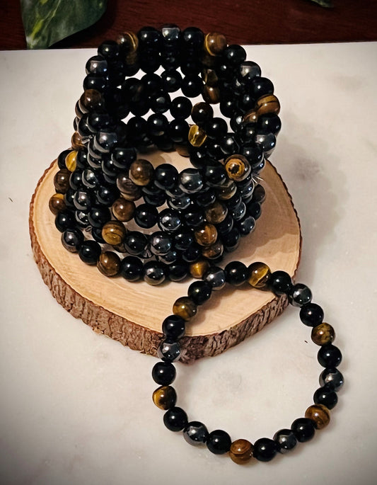 Triple Protection Bracelet tigers’ eye hematite black obsidian beads grounding courage positivity 